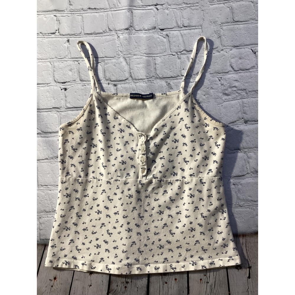 Brandy Melville Floral Cami Top Blue Ditsy Henley Tank Cream One Size Coquette